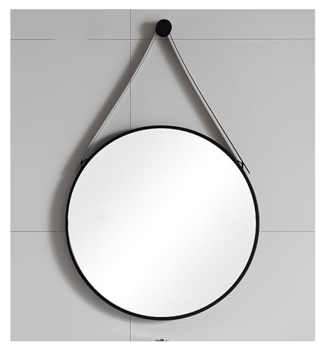 Runder Wandspiegel, dekorativer Hängespiegel mit Lederband, Metallrahmen, Schminkspiegel für Badezimmer, Schlafzimmer, Flur, Wohnzimmer, 60 cm Durchmesser von Generisch