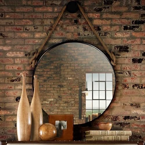 Runder schwarzer gerahmter Spiegel mit Lederband, 60 cm, dekorativer Wandspiegel für Badezimmer und Schlafzimmer, stilvoller Heimakzent, modernes Design, vielseitige Dekoration (70 cm) von Generisch