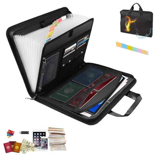 Rushclick File Folder，Large Capacity A4 Fireproof Folder with Handles And Colored Labels, Multiple Compartments, Waterproof And Fireproof，Suitable for Office Students Home (1) von Generisch