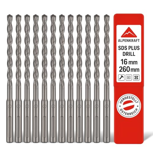 SDS Plus Bohrer Set: Betonbohrer Kreuzschneide | Größen Ø 12, 14, 16,18 mm | Länge 110–260 mm | Hartmetall-Spitze für Beton, Stein & Mauerwerk (16 x 260 mm, 10, Stück) von Generisch