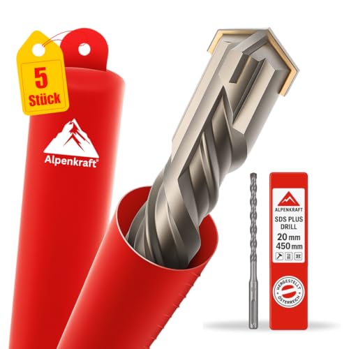 SDS Plus Bohrer Set: Betonbohrer Kreuzschneide | Größen Ø 20, 24, 25, 28, 32, 40, 50, 55 mm | Länge 320–1000 mm | Hartmetall-Spitze für Beton, Stein & Mauerwerk (20 x 450 mm, 5, Stück) von Generisch