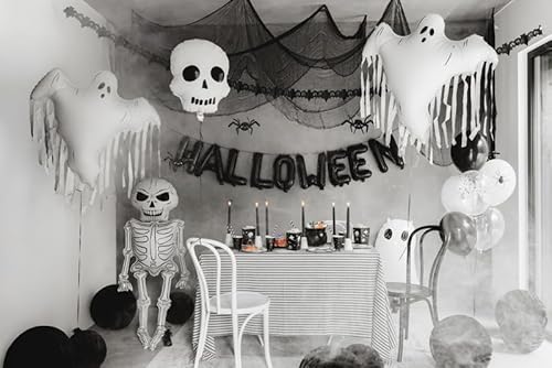 Schiggeria Halloween Party Deko Set - Mini für 6 Personen, Schwarz-Weiß, mit Luftballons, Skelett, Geister, Fledermäuse, Pappteller, Besteck, Spinnweben und Banner von Generisch