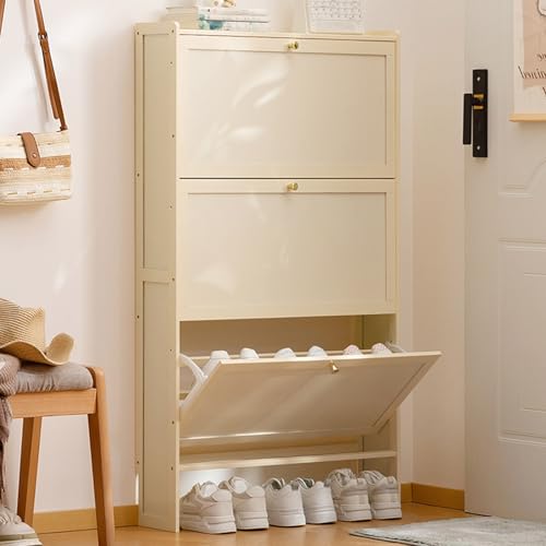 Schmaler Schuhschrank aus Holz mit 3 Klappschubladen, Kippschuh für Eingangsbereich, Flur, Foyer, stilvolle weiße Kommode (70 x 17 cm) von Generisch