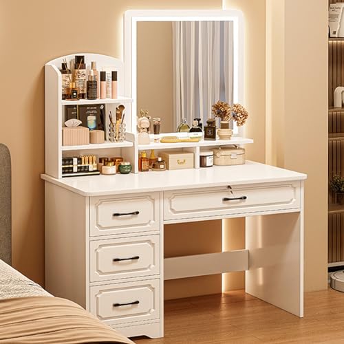Schminktisch-Set mit Spiegel und LED-Lichtern, moderner Schminktisch, offene Regale und Schubladen, Kommode aus Holz Schminktisch-Set mit Spiegel und LED-Lichtern, moderner Schminktisch, offene Regale und Schubladen, Kommode aus Holz von Generisch