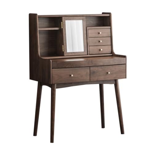 Schminktisch aus Walnussholz, Retro-Kommode aus massivem Holz, mit Klapp-Make-up-Spiegel, multifunktional, Schlafzimmer, Schminktisch, Schreibtisch und Schublade für elegante Aufbewahrung von Generisch