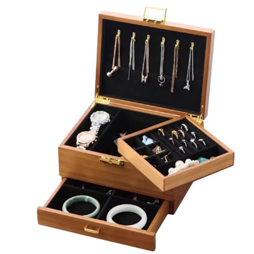 Schmuck-Organizer-Etui – 3-lagige Schmuckschatulle aus Holz für Damen mit großem Stauraum für Ohrringe, Ringe, Halsketten und Armbänder von Generisch