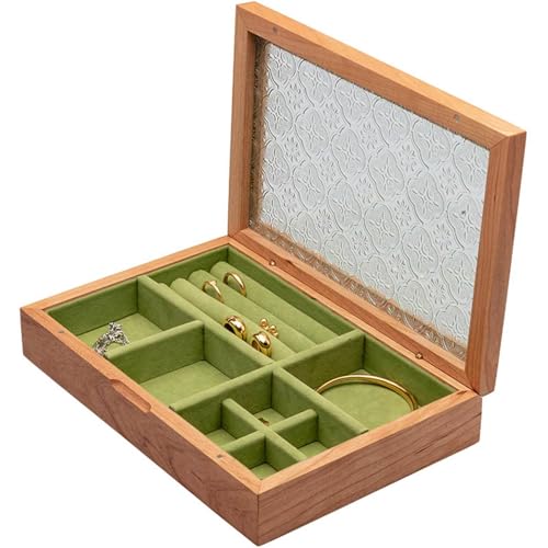 Schmuckkästchen – Antiker Schmuck-Organizer aus Holz mit Glasdeckel, Ringschlitzen und Fächern – vielseitige Aufbewahrungsbox für Ringe, Ohrringe, Anhänger, Uhren, Halsketten von Generisch