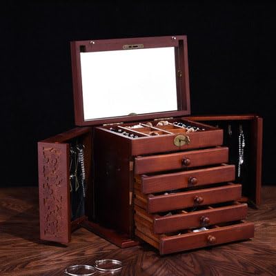 Schmuckschatulle, Massivholz, hochwertiges verspiegeltes Design, großes Fassungsvermögen mit sechs Schichten, fein geschnitzte Details zum Organisieren und Aufbewahren von Schmuck Schmuckschatulle, Massivholz, hochwertiges verspiegeltes Design, großes Fassungsvermögen mit sechs Schichten, fein geschnitzte Details zum Organisieren und Aufbewahren von Schmuck von Generisch