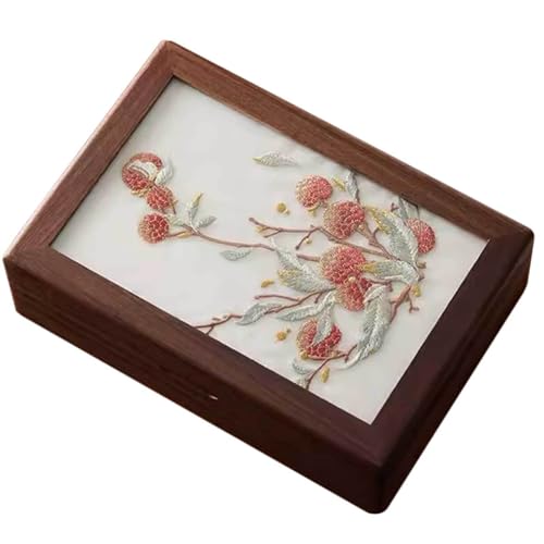Schmuckschatulle aus Holz, Schmuck-Organizer mit handgefertigtem besticktem Deckel, Bauernhaus-Stil für Ohrringe, Ringe, Halsketten, Armbänder und Uhren von Generisch