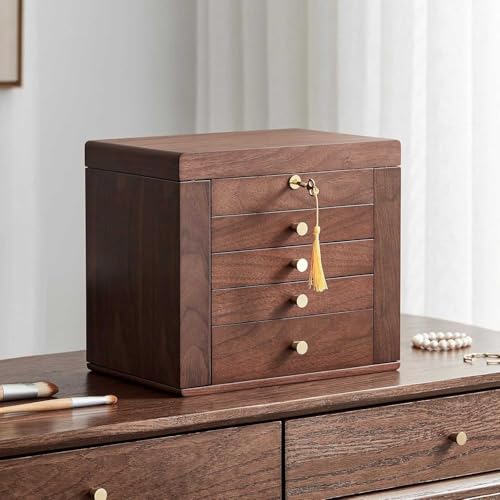 Schmuckschatulle aus Holz für Damen, Vintage-Stil, Massivholz-Organizer mit Schloss und Spiegel für Halsketten, Ringe und Schmuckaufbewahrung von Generisch