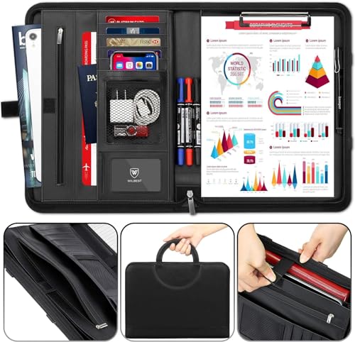 Schreibmappe A4, Leder Ringbuch Dokumententasche, Große Fächern, Faltbaren Magnetgriffen, Tablet & Smartphone Halterung 5 Kartenfächer Notizblock Wasserdicht von Generisch