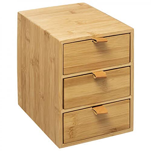 Schreibtisch Büro Organizer JOGGY 3 Schubladen Box mit Kunstlederlasche Schmuckkasten Schmuckbox Schubladenbox aus 100% Bambus Holz von Generisch