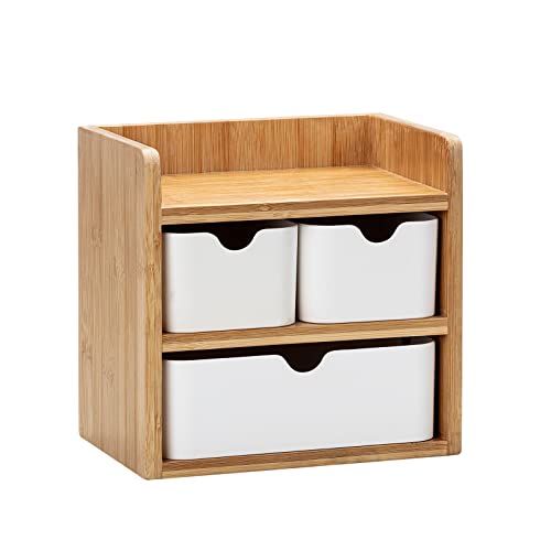 Schreibtisch Organizer - Weiß - Holz - Bambus - Make Up Kosmetik Aufbewahrungsbox - Schubladenbox - Deko - HBT: 20x20x14 - Multifunktional - 1 Ablage, 3 Schubladen - Büro, Bad und Haushalt von Generisch