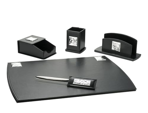 Schreibtischset aus Kunstleder, 5-teilig, schwarz mit silbernen PVD-Platten, inklusive Schreibunterlage, Briefablage, Stifthalter, Briefhalter, Brieföffner und Kartenhalter von Generisch