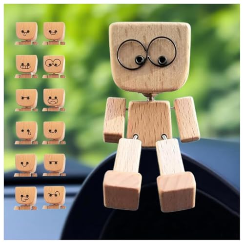 Schüttelmann Charmante kleine Holzfigur, die mit 12 magnetischen Ausdrücken Schwankt Handgefertigte Schüttelmann Aus Holz mit Füßen Lustige Wackelkopf Auto Armaturenbrett-Display (A+12 Emoticons) von Generisch