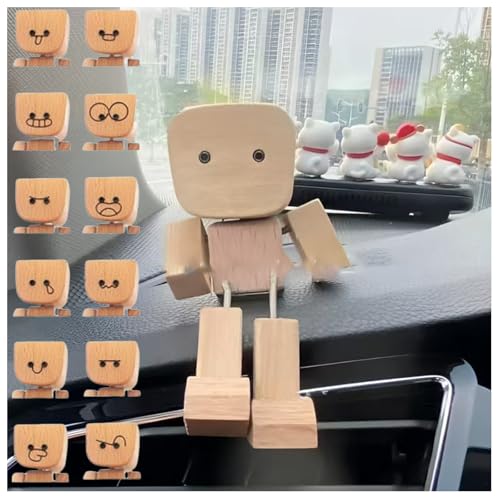 Schüttelmann Charmante kleine Holzfigur, die mit 12 magnetischen Ausdrücken Schwankt Handgefertigte Schüttelmann Aus Holz mit Füßen Lustige Wackelkopf Auto Armaturenbrett-Display (C+12 Emoticons) von Generisch