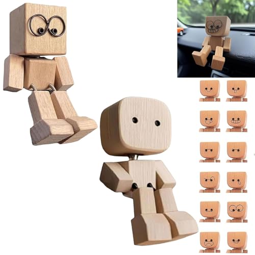Schüttelmann Holz, Holzfigur Wackelbeine, Shaking Motion Schreibtisch-Ornament, Lustig Wackelfigur Holz mit 12 Magnetischen Austauschbare Ausdrücken für Auto Armaturenbrett Dekoration (2PCS-A) von Generisch