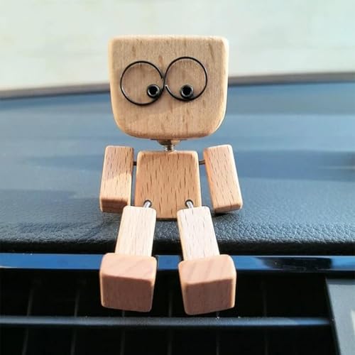 Schüttelnde Holzfigur, handgefertigte Auto-Ornamente, Action-Figur, lustige Wackelkopf-Auto-Armaturenbrett-Dekoration, charmante kleine Holzfigur, die mit 12 magnetischen Ausdrücken für Autos schwingt von Generisch