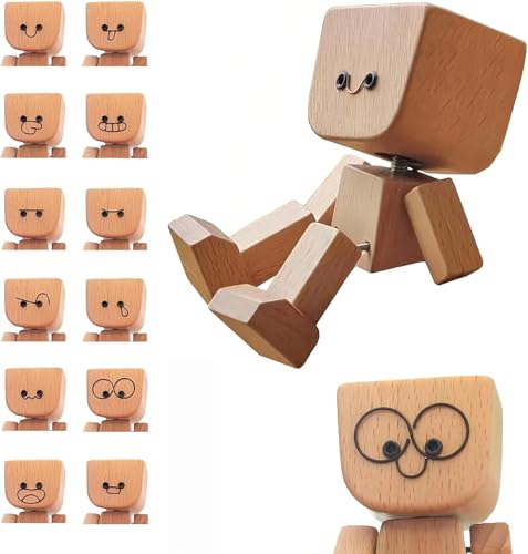 Schüttelnde Holzmann-Figur, Charmante kleine Holzfigur, die mit 12 magnetischen Ausdrücke schwankt, Wobbling Wooden Figures, Holzfigur für Auto, Desk Ornaments von Generisch