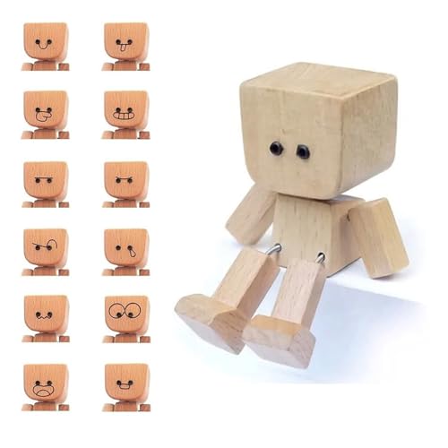 Schüttelnde Holzmann-Figur, Handgefertigte Wackelnde Füßen Holzpuppe Auto Ornamente, Charmante kleine Holzfigur, lustige Wackelkopf-Auto-Armaturenbrett-Dekors (1 Satz – Mit 12 Ausdrücken) von Generisch