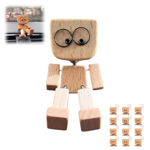 Schüttelnder Holzmann Figur, Wackelfigur Auto Holzfiguren, Schüttelnde Holz Wackelfigur, Charmante kleine Holzfigur mit 12 Austauschbare Magnetischen Ausdrücke, Holzfigur mit Schüttelnden Beine von Generisch