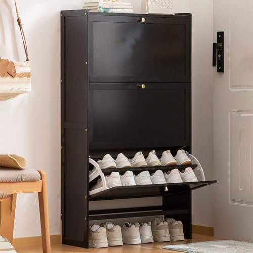 Schuhschrank – 3 Klappschubladen aus Holz für den Eingangsbereich, schmaler Schuhschrank, Kommode, Foyer, Flur, Aufbewahrung (schwarz, 50 x 24 cm) von Generisch