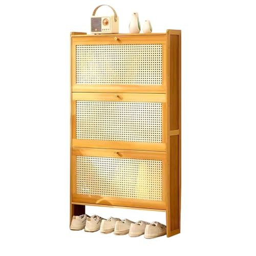 Schuhschrank aus Bambus mit großem Fassungsvermögen, schmalem Design und 3 aufklappbaren Schubladen, verdeckte Aufbewahrung mit Kippschutzvorrichtungen, atmungsaktive Netztüren - ideal für Flur und von Generisch