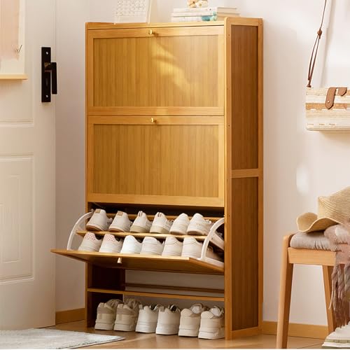 Schuhschrank aus Holz mit 3 Klappschubladen, schmaler Eingang für Haustür und Flur, kippbarer Schuhschrank, Kommode, Hellbraun (50 x 24 cm) von Generisch