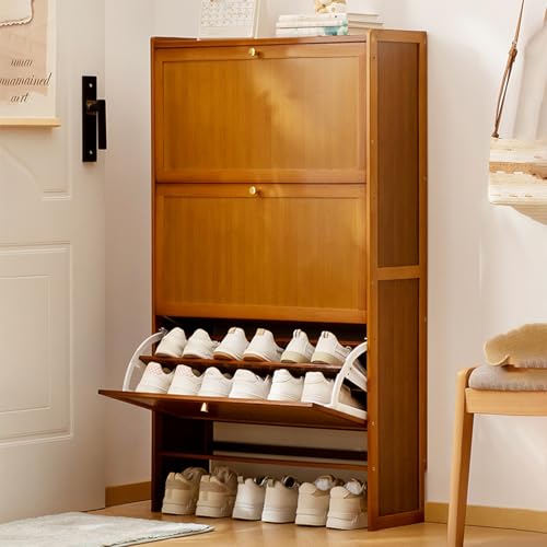 Schuhschrank mit 3 Klappschubladen, schmaler Holz-Schuhnizer für Eingangsbereich, Flur und Foyer, Kipp-Schuhschrank, Kommode (Braun, 50 x 24 cm) von Generisch