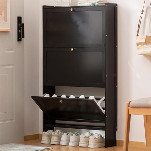 Schuhschrank mit 3 Klappschubladen, schmaler Holz-Schuhnizer für Eingangsbereich, Flur und Foyer, Kippschrank, Kommode in Schwarz (70 x 17 cm) von Generisch
