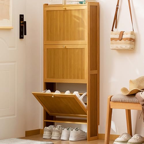 Schuhschrank mit 3 Klappschubladen, schmaler Holz-Schuhregal für Eingangsbereich, Kippschrank, Kommode, Flur, Foyer, Schuhregal (Hellbraun, 50 x 17 cm) von Generisch