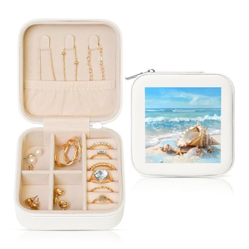 Seashell Kleine Schmuckschatulle Ocean Beach PU-Leder Reise Schmuck Organizer für Frauen Mädchen Aufbewahrungsbox für Ringe Ohrringe Halsketten Armbänder von Generisch