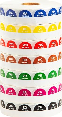 Selbstklebende Runde Aufkleber für Küche mit Wochentag - Gewürzetiketten - aufkleber gewürzgläser - gefrieretiketten - lebensmittel etiketten - 2000 Etiketten pro Rolle (mit Aufkleberspender) von Generisch