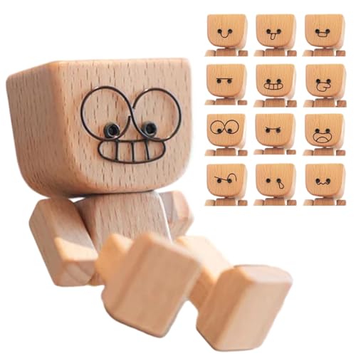 Shaking Wooden Man, Shaking Wooden Man Figure for Car Dashboard, Handmade Shak Feet Woodens Doll, Funny Cars Ornaments Wood Desktop Decor, Car Dashboard Accessories with 12PCS Magnetic Expressions von Generisch