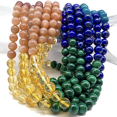 Sieben Chakra-Perlen (dunkler Malachit, die ultimative Kombination der stärksten Energiesteine), Malachit, Citrin, Lepidocrocit, Amethyst, Lapis, Apa, Mondstein – glatt, rund, 8 mm von Generisch