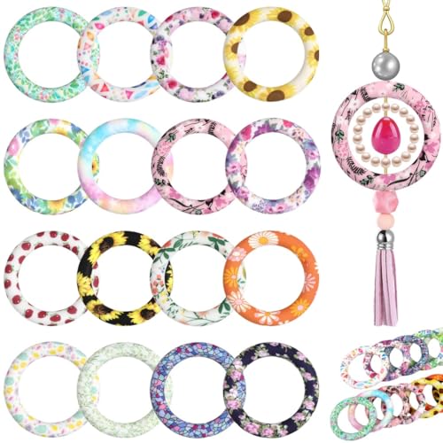 Silikon-O-Ringe mit Blumenmuster, 6,5 cm, Perlenschlaufen mit 2 Löchern, runde Silikon-Anhänger für Bastelarbeiten, Schmuckprojekte, Schlüsselanhänger-Dekoration, 16 Stück von Generisch