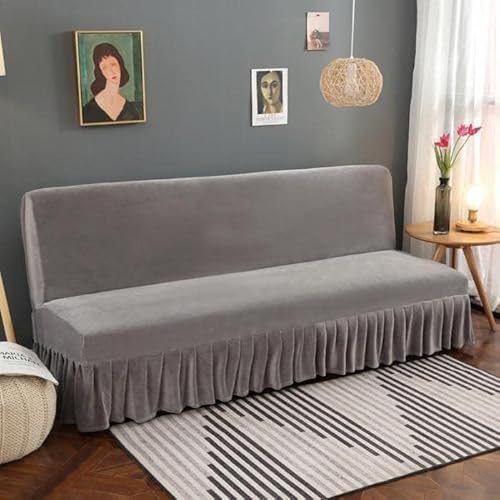 Sofabezug ohne Armlehne mit Rüschenrock, dicker weicher Samtstoff, Futon-Schonbezug, Möbelschutz mit elastischer Unterseite, für Wohnzimmer, Grau 1, Größe L (180–200 cm) von Generisch