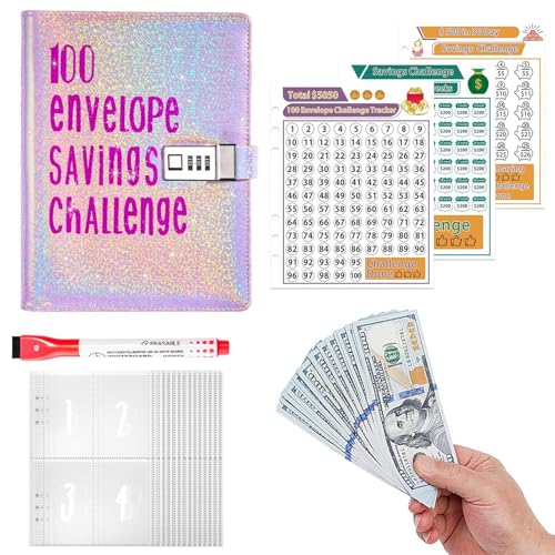 Sparbuch Für Geld, Geld Sparen Challenge Buch, Challenge-Ordner Mit 100 Umschlägen, Budgetplaner Mit Geldumschlägen, Challenge-Buch Mit Schloss, Tragbarer Budgetplaner Für Geld- Und Spesenumschläge von Generisch
