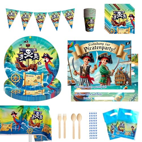 SpaßTruhe 107 PCS Piraten Party Set – Piraten Deko Kindergeburtstag – Partygeschirr für Jungen & Mädchen – Kinderparty Set mit Tellern, Besteck, Strohhalmen & Einladungskarten für 10 Gäste. von Generisch