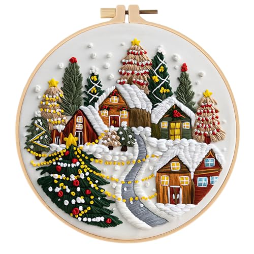 Sticken Set Erwachsene, Weihnachtsstickerei-Set für Anfänger, Kreuzstich Weihnachten Deko-mit Bambus-Stickrahmen-Durchmesser 20 cm (Frohe Weihnachten(B)) von Generisch