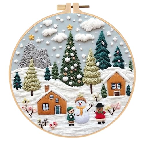 Sticken Set Erwachsene, Weihnachtsstickerei-Set für Anfänger, Kreuzstich Weihnachten Deko-mit Bambus-Stickrahmen-Durchmesser 20 cm (Weihnachts-Schneelandschaft) von Generisch