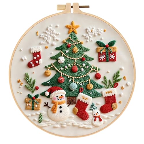 Sticken Set Erwachsene, Weihnachtsstickerei-Set für Anfänger, Kreuzstich Weihnachten Deko-mit Bambus-Stickrahmen-Durchmesser 20 cm (Weihnachts-Schneemann) von Generisch