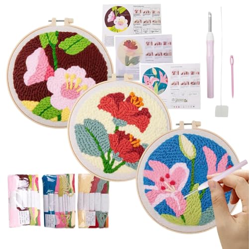 Stickerei-Anfänger-Set, Basteln für Erwachsene mit Blumenmuster – 3 x Stoff-Nähset mit Anleitung (evtl. nicht in deutscher Sprache) für Erwachsene, Anfänger und Kinder von Generisch
