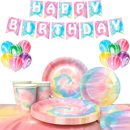 Tie Dye Geburtstagsparty-Zubehör, Batikgeschirr & Dekorationen Set - Batik-Teller und Servietten, Becher & Regenbogen-Tischdecke & Batik-Banner Luftballons usw Regenbogen Tie Dye Partyzubehör Tie Dye Geburtstagsparty-Zubehör, Batikgeschirr & Dekorationen Set - Batik-Teller und Servietten, Becher & Regenbogen-Tischdecke & Batik-Banner Luftballons usw Regenbogen Tie Dye Partyzubehör von Generisch