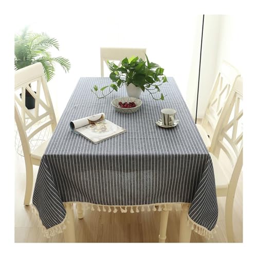 Tischdecke, rechteckig, 120 x 160 cm, waschbar, Baumwoll-Leinen-Bezug mit Quasten, einfache Streifen, ideal für Küche, Esszimmer, Dekoration, elegantes Tischzubehör, Marineblau Tischdecke, rechteckig, 120 x 160 cm, waschbar, Baumwoll-Leinen-Bezug mit Quasten, einfache Streifen, ideal für Küche, Esszimmer, Dekoration, elegantes Tischzubehör, Marineblau von Generisch
