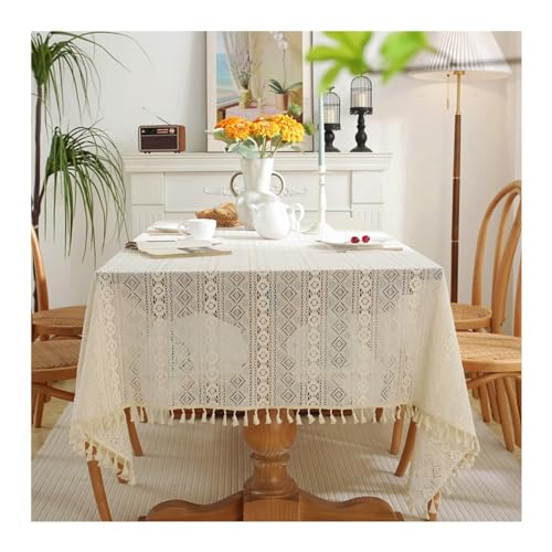 Tischdecke, rechteckig, 150 x 260 cm, waschbar, Polyester, mit Spitze, Rautenmuster, Quasten, für Küche und Esstisch, Beige Tischdecke, rechteckig, 150 x 260 cm, waschbar, Polyester, mit Spitze, Rautenmuster, Quasten, für Küche und Esstisch, Beige von Generisch