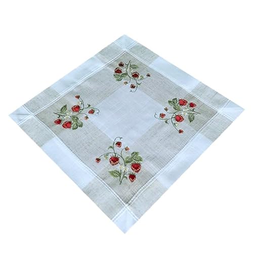 Tischdecke Mitteldecke Deckchen Frühling Sommer weiß beige Bestickt mit Erdbeeren Leinenotik Mischgewebe (35 x 35 cm) von Generisch