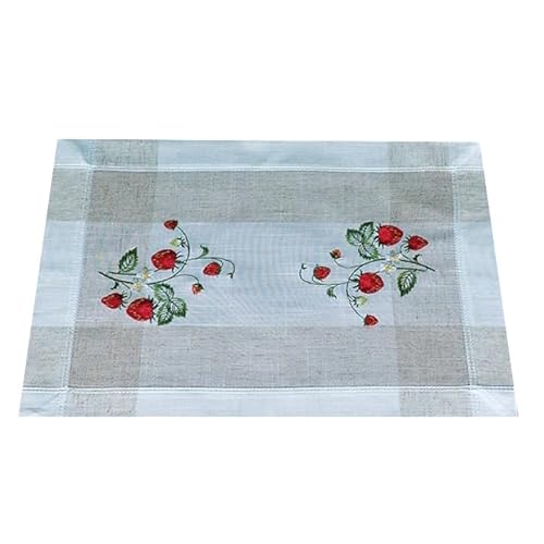 Tischdecke Mitteldecke Deckchen Frühling Sommer weiß beige Bestickt mit Erdbeeren Leinenotik Mischgewebe (35 x 50 cm) von Generisch