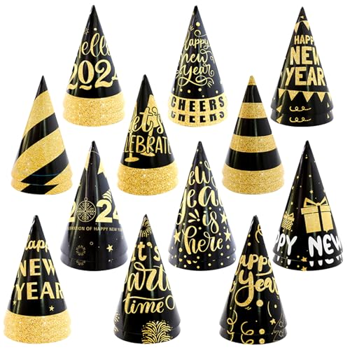 Top Hüte, Silvester Partyhüte 2024 24PCS Tapered Black Gold Glitter Party Hüte für Erwachsene Kinder 4,1 Zoll Durchmesser Neujahrdekorationen mit Seil von Generisch