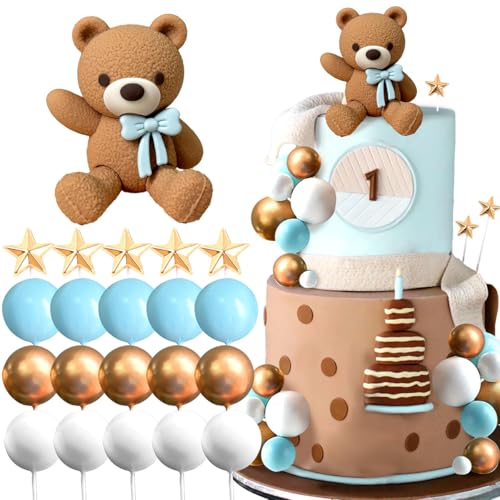 Tortendeko Topper Boho Fünfzackiger Stern Kugel Kuchen Stecker Flagge Dekoration für Hochzeit Baby Geburtstag Party (Braun Blau) von Generisch